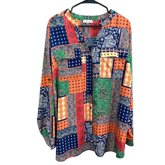 Calvin Klein Shirt 2X Plus Multi Patchwork Artsy Button Up Roll Tab Tunic Hippie - Picture 1 of 11